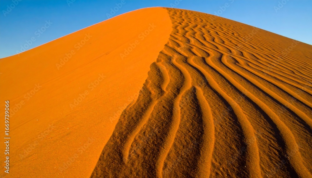 Naklejka premium A magnificent sand dune, vibrant orange hues, showcasing intricate wind patterns against a clear blue sky.