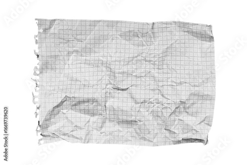 A crumpled torn checkered paper on a white background enhances art projects. Its textured surface inspires unique sketches and creative designs.