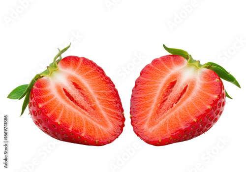 Perfectly ripe red strawberry cut in half, vibrant flesh, seeds, green sepal and stem, isolated on transparent background. Concept of fresh organic produce