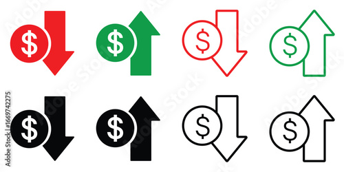 cost increase and decrease icon set. profit and loss icon set. dollar increase and decrease vector icon. investment and savings icon. vector illustration and transparent PNG.