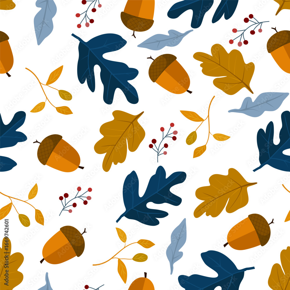 Fototapeta premium Autumn seamless pattern with beautiful leaves and acorns for background. Vector autumn seamless pattern with acorns and leaves. Pattern with acorns and autumn leaves.
