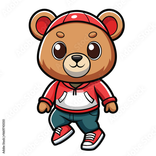 Cute cartoon teddy bear toy illustration with brown animal character holding heart gift in fun childhood design