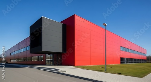 Wallpaper Mural A modern, industrial-style building with vibrant red exterior and a prominent black architectural feature stands out against a clear, sunny sky. Torontodigital.ca
