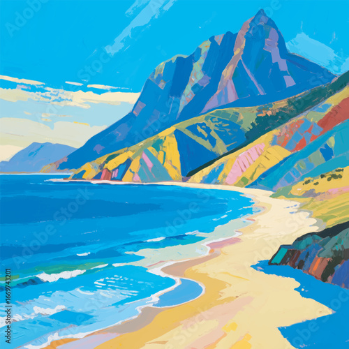 Table Mountain Cape Town with Blue Beach Background Illustration Design Template