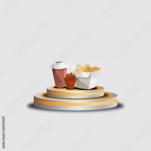 Coffee cup and donut on podium. Vector illustration eps 10