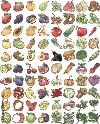 The collection includes a diverse range of produce, such as apples, bananas, grapes, berries, citrus fruits, melons, and tropical fruits alongside vegetables like tomatoes, cucumbers, mushrooms, 