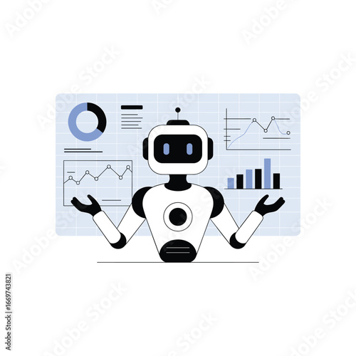 Futuristic robot character presenting financial data charts and graphs for analysis