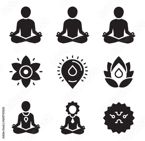 A collection of symbolic meditative icons depicting mindfulness and well-being for design