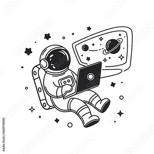 Astronaut working on a laptop in space with planets and stars on a computer screen