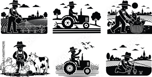 Farmer working in field, tractor farming, planting, harvesting vegetables, livestock care, rural countryside, black silhouette agriculture illustration vector