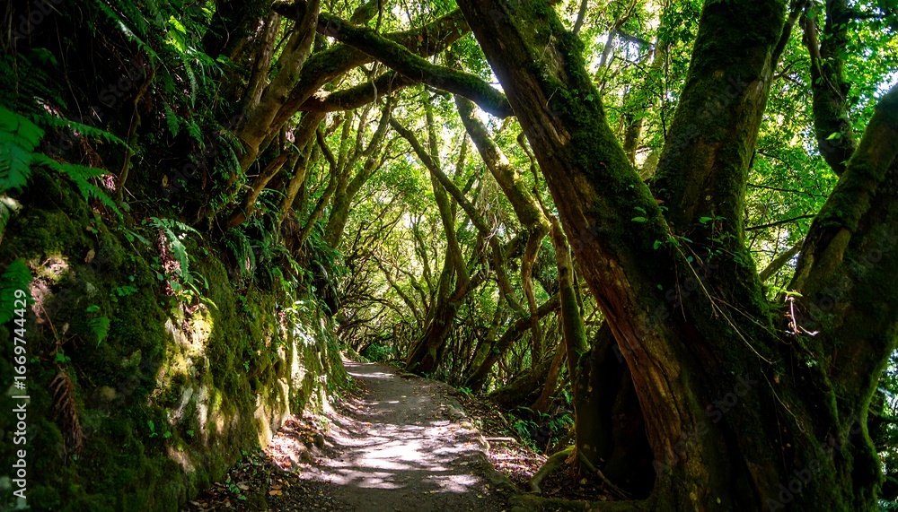 Naklejka premium Sunlight filters through a lush, moss-covered forest trail, illuminating the path and ancient trees.
