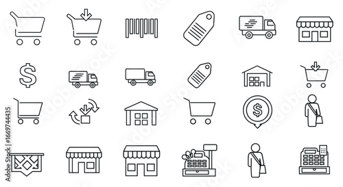 Illustration depicting various shopping and retail related line icons set