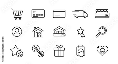 Outline icons representing online shopping and e commerce elements set up