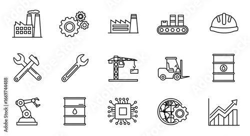 Illustration of manufacturing and industrial icons in outline style