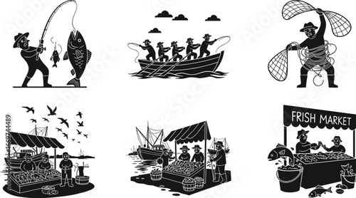Fishermen catching fish, fishing boat teamwork, fish market selling, fresh seafood vendor, fishing nets, commercial fishing industry, ocean fishing activities