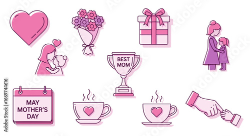 Illustration of mother's day themed icons including heart, gift and trophy