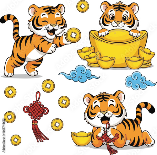 create need funny tiger cubs set vector illustration. prosperity oriental lucky symbol in postcard, poster decoration isolated on white. Cartoon happy cute wild animals.