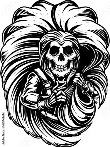 SVG of a street-lifestyle skeleton with a Halloween theme. Skull Design with Flowing Hair in a Stylized Illustration