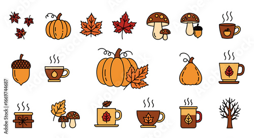 Illustration of autumn themed objects including pumpkins leaves and mugs