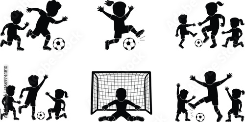 Kids playing soccer, children football game, teamwork, sports activities, boys and girls, goalkeeping, kicking ball, outdoor fun, healthy lifestyle, youth sports, active kids