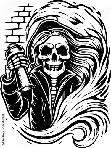 SVG of a street-lifestyle skeleton with a Halloween theme. Mysterious Skeleton Graffiti Artist with Spray Can in Urban Scene