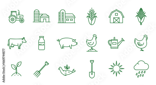 Illustration showing various agriculture and farming related line icons