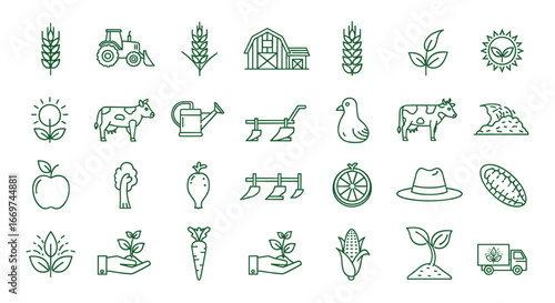 Illustration of farming icons including crops animals and farm equipment