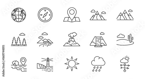 Outline icons depicting various geographical features and weather elements
