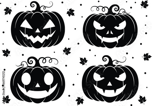 Set of four black silhouette halloween pumpkins with carved faces, halloween elements set