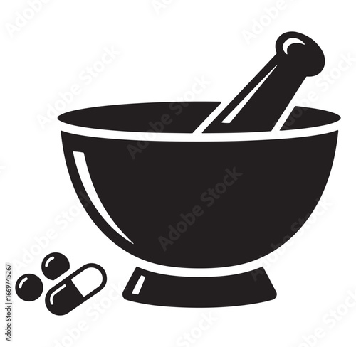 Black and white illustration of a mortar and pestle with pills and medicine symbols