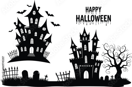 Haunted house silhouette with bats, tombstones, and spooky tree, halloween elements set