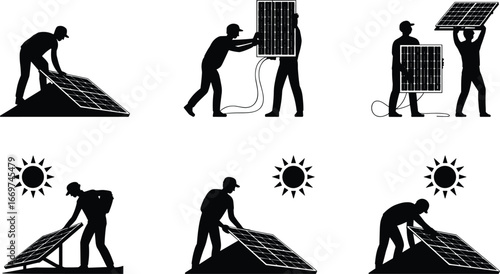 Solar panel installation and maintenance silhouettes with workers positioning, connecting, inspecting panels, renewable energy, green technology, sustainable power, daylight work scenes