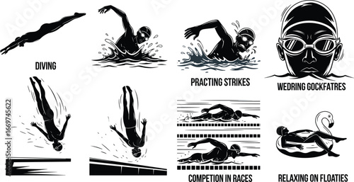 Swimming activity illustrations with diving, freestyle stroke, goggles, race competition, relaxing on floaties, aquatic sports, recreation, water fun, pool and beach scenes
