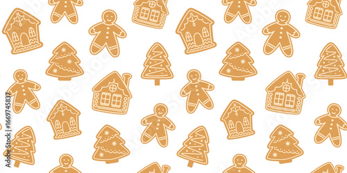 Gingerbread cookies seamless pattern. Christmas gingerbread man, house, Christmas tree. Traditional xmas biscuits. Homemade sweets.Festive holidays. Vector background, wallpaper, wrapping paper.