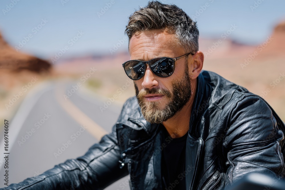 Fototapeta premium Man riding motorcycle through desert landscape on sunny day with clear sky