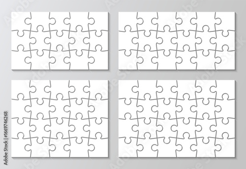 Jigsaw infographics with 4 templates. Puzzles set business chain infographic. Puzzle grid. Process diagram presentation. Business info graphic with steps, parts. Vector illustration