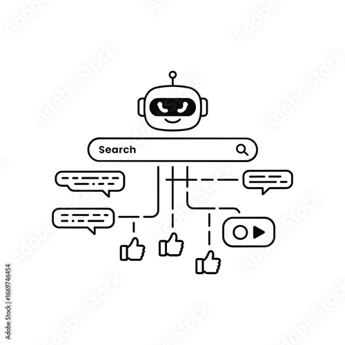 Robot chatbot engages with search results and social media likes symbols for digital engagement
