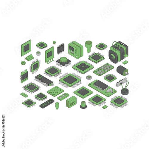 Collection of electronic components and microchips displayed in a 3d isometric perspective