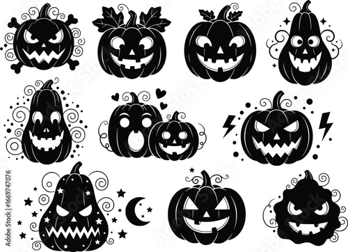 Collection of spooky and scary halloween pumpkin faces with various expressions, isolated on a halloween elements set