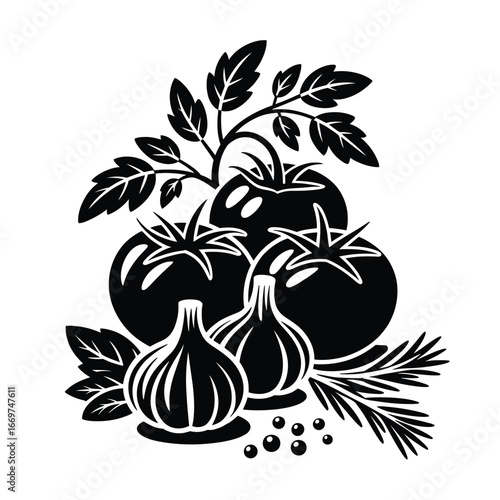 Black and white illustration of fresh tomatoes garlic and herbs