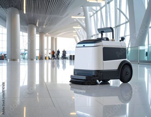 A cleaning robot in an airport, autonomously maintaining floor cleanliness. The machine rolls on polished tiles within a modern airport setting