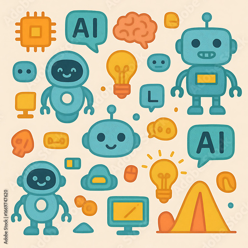 set of funny cartoon Ai robot characters