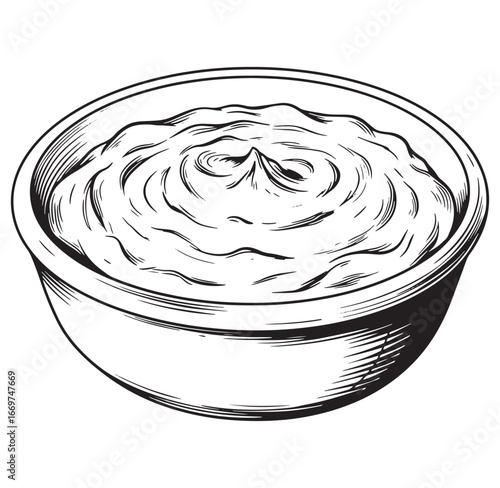 Detailed engraving illustration of creamy dip in a bowl for culinary and recipe design