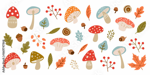 Autumnal Assortment Of Mushrooms Leaves And Berries fall