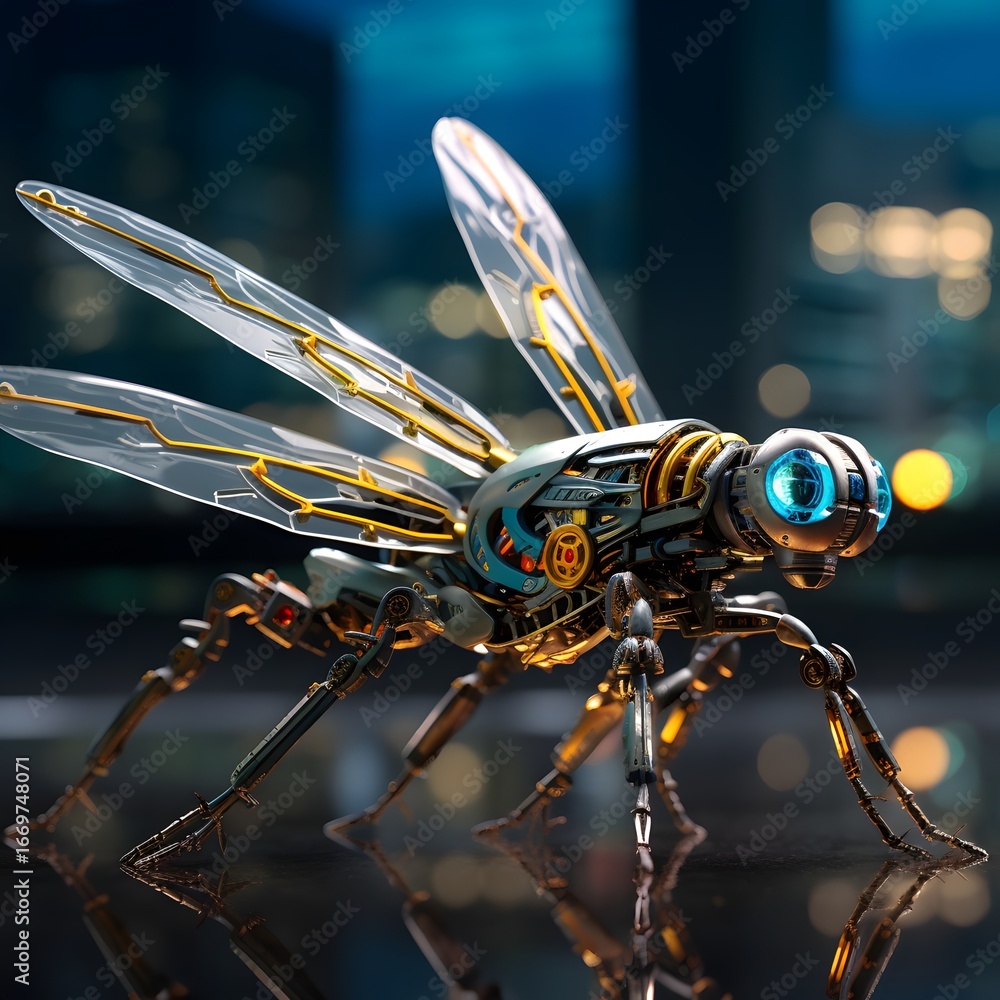 Fototapeta premium Macro photography of glowing futuristic fly insect, symbolizing nature, technology, innovation and surrealism, a decorative entomology artwork merging insect study with futuristic sci-fi illustration