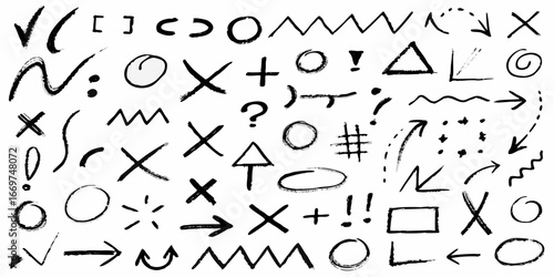 Collection of Hand Drawn Black Grunge Symbols and Arrows on White Background check mark