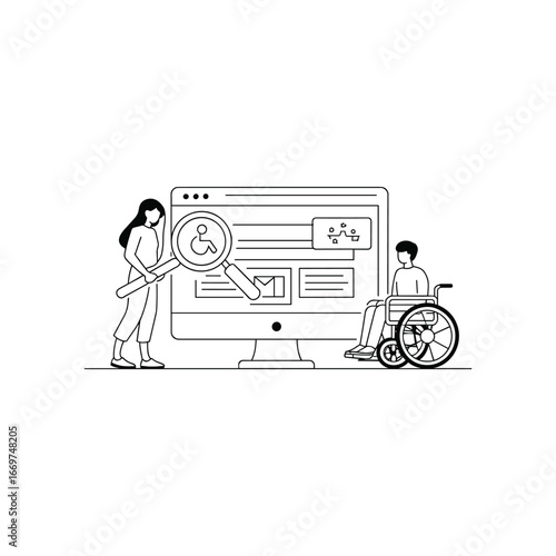 Inclusive digital accessibility concept with people using technology and magnifying glass for search