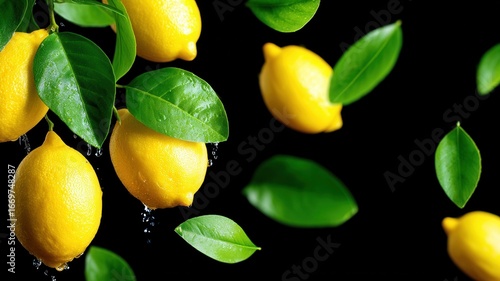 Vibrant yellow lemons dropping, splashing water, green leaves scattered against dark background, freshness citrus embodying