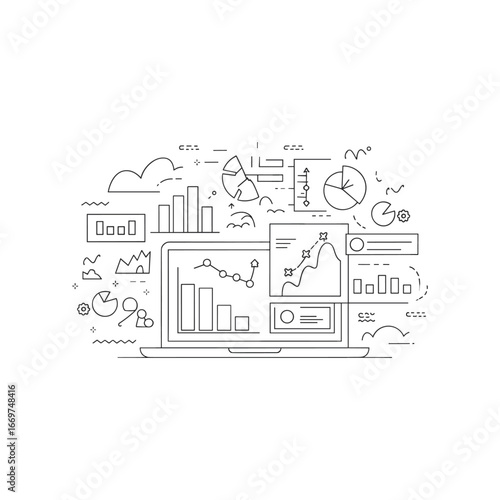 Hand drawn business analytics dashboard with charts graphs and data visualization elements