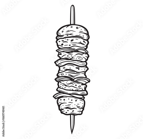 Hand drawn illustration of a delicious stacked doner kebab on a wooden skewer isolated